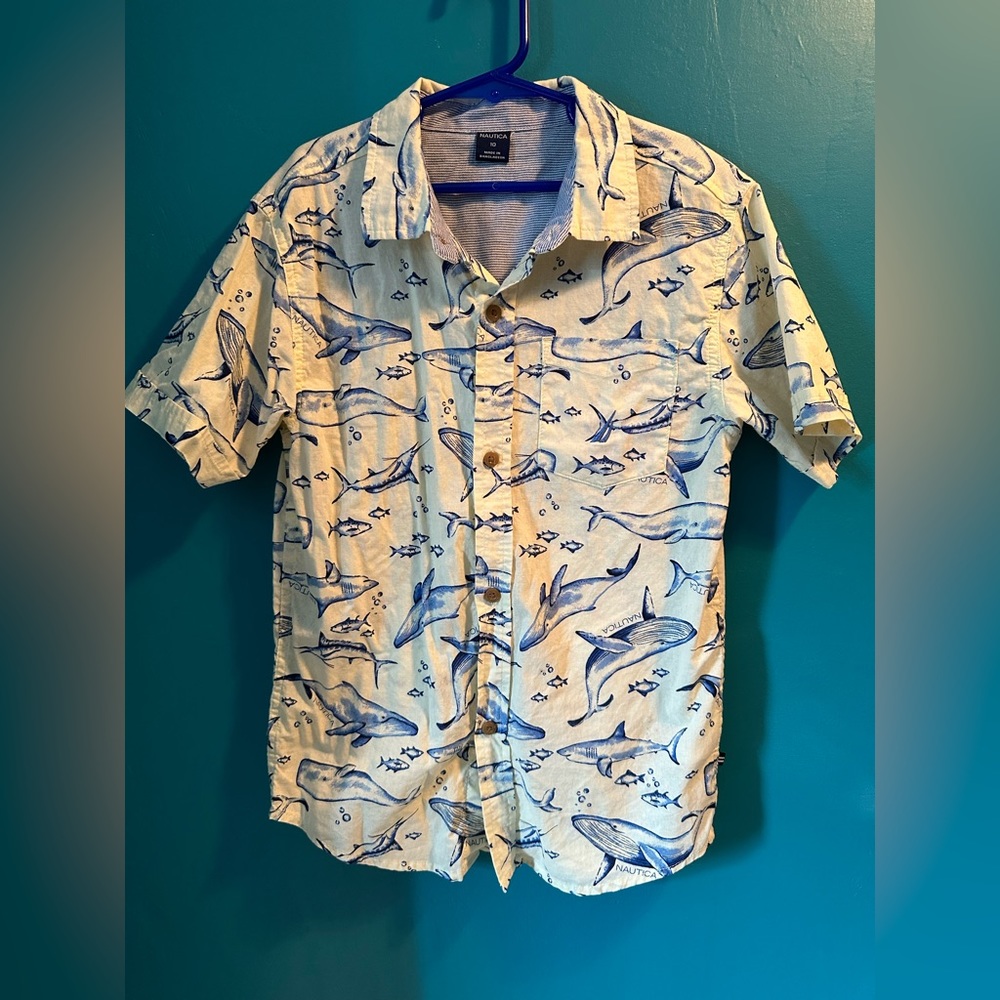 Nautica short sleeve button down whale shirt- size 10-